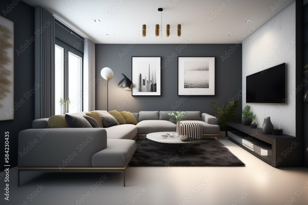 Stylish Loft-Style Living Room Interior Design with Concrete Stucco Wall and Contemporary Gray Sofa - 3D Rendering of Modern Apartment Decor