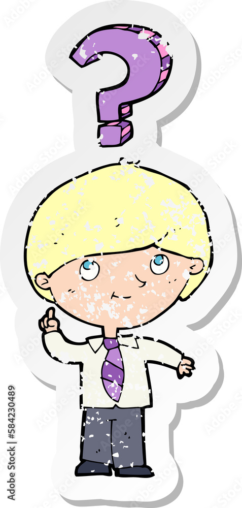 retro distressed sticker of a cartoon school boy with question retro distressed sticker of a cartoon school boy with question