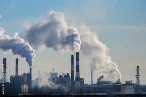 Air pollution from smoke coming out of factory chimneys. Global warming and care environment concept. Generative AI