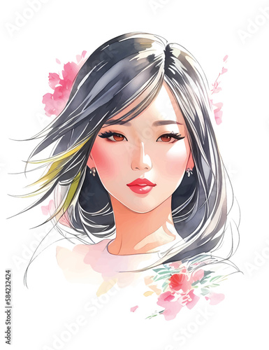 Watercolor asian woman. Painting fashion illustration. Hand drawn portrait of pretty girl on white background