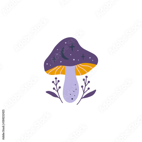 Mystical celestial mushroom with moon, floral elements. Magical fungus vector illustration. Hand drawn witchy clipart isolated on white. Whimsical fantasy plant for poster, card.