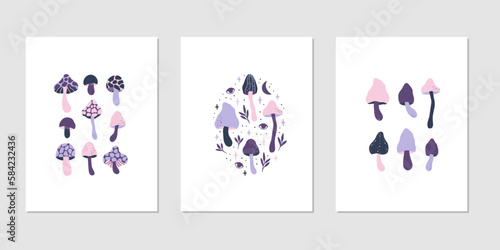 Mystical mushrooms poster vector illustration set. Hand drawn cartoon whimsical fungi with eye, moon. Amanita, toadstool, agaric isolated on white background. Witchy fantasy magic symbol.