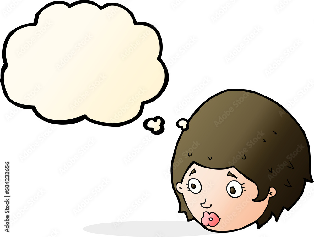 cartoon girl with concerned expression with thought bubble