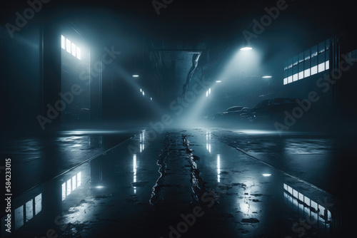 Background Street Photography. Blue misty wet streets with dim lights and dark night atmosphere.