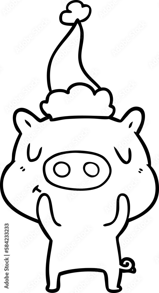 line drawing of a content pig wearing santa hat line drawing of a content pig wearing santa hat