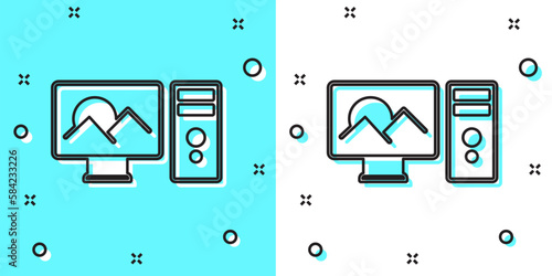 Black line Photo retouching icon isolated on green and white background. Photographer, photography, retouch icon. Random dynamic shapes. Vector