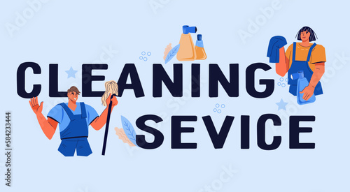 Cleaning service header banner template for website or landing page, flat vector illustration isolated on background. Cleaning service web banner template with huge inscription and janitors.
