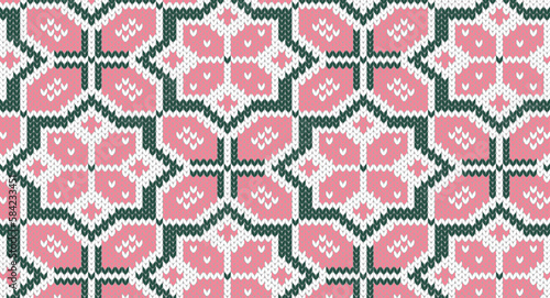 Pink and green knitting pattern, Festive Sweater Design. Seamless Knitted Pattern