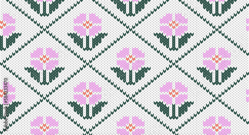 Pink flowers knitting pattern, Festive Sweater Design. Seamless Knitted Pattern