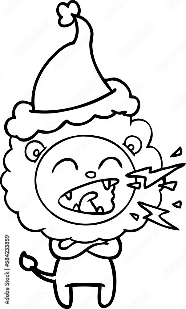 line drawing of a roaring lion wearing santa hat