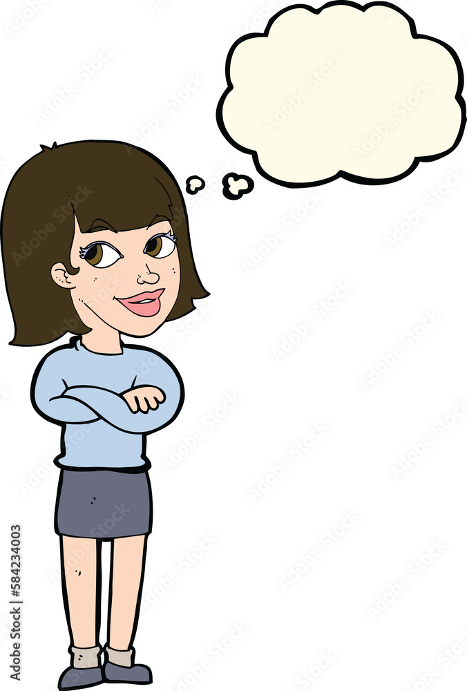 cartoon happy woman looking over with thought bubble cartoon happy woman looking over with thought bubble