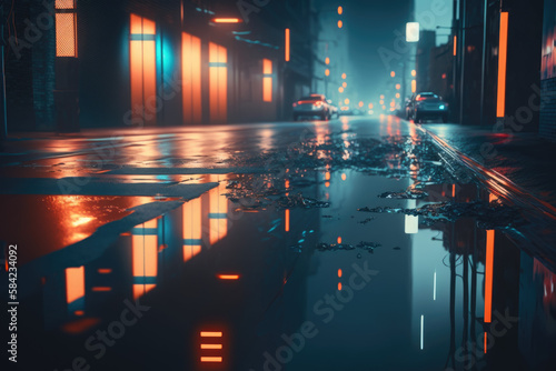 Background Street Photography. Blue misty wet streets with dim lights and dark night atmosphere.