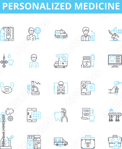 Personalized medicine vector line icons set. Personalized, Medicine, Precision, Genomic, Customized, Therapeutics, Healthcare illustration outline concept symbols and signs