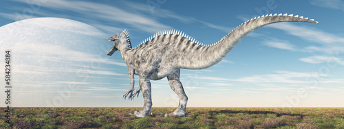 Dinosaurier Suchomimus in einer Landschaft und Planet am Himmel