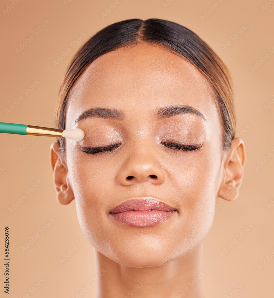 Makeup brush, portrait or woman face with eyeshadow, facial products or self care beauty on studio background. Model, eyes closed or beautiful girl with eyeliner cosmetics or natural glowing skincare