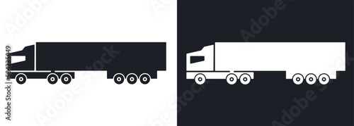 Tractor-trailer icon black and white isolated silhouette. Big tonnage articulated lorry or wagon truck sketch, flat style. Vector sign for web design, transportation, shipping, logistics service logo photo