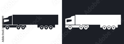 Tractor-trailer icon black and white isolated silhouette. Big tonnage articulated lorry or wagon truck sketch, flat style. Vector sign for web design, transportation, shipping, logistics service logo