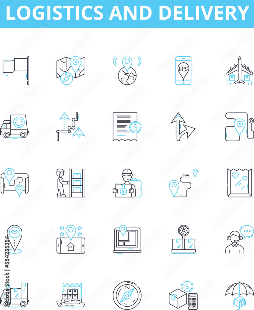 Logistics and delivery vector line icons set. Logistics, Delivery, Shipping, Transport, Cargo, Supply, Distribution illustration outline concept symbols and signs