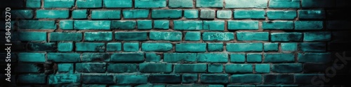 Teal Brick Wall Background Panoramic Banner. Generative AI