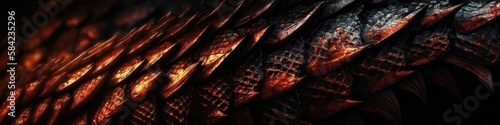 Texture Of The White Scales Of A Dark Dragon With Fire Panoramic Banner. Generative AI
