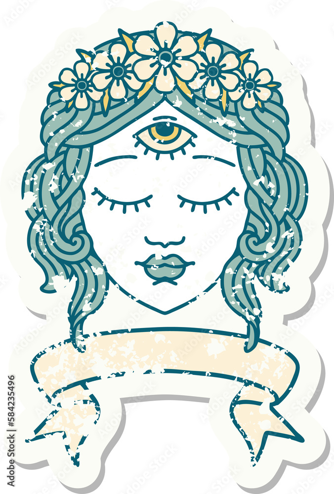 grunge sticker with banner of female face grunge sticker with banner of female face