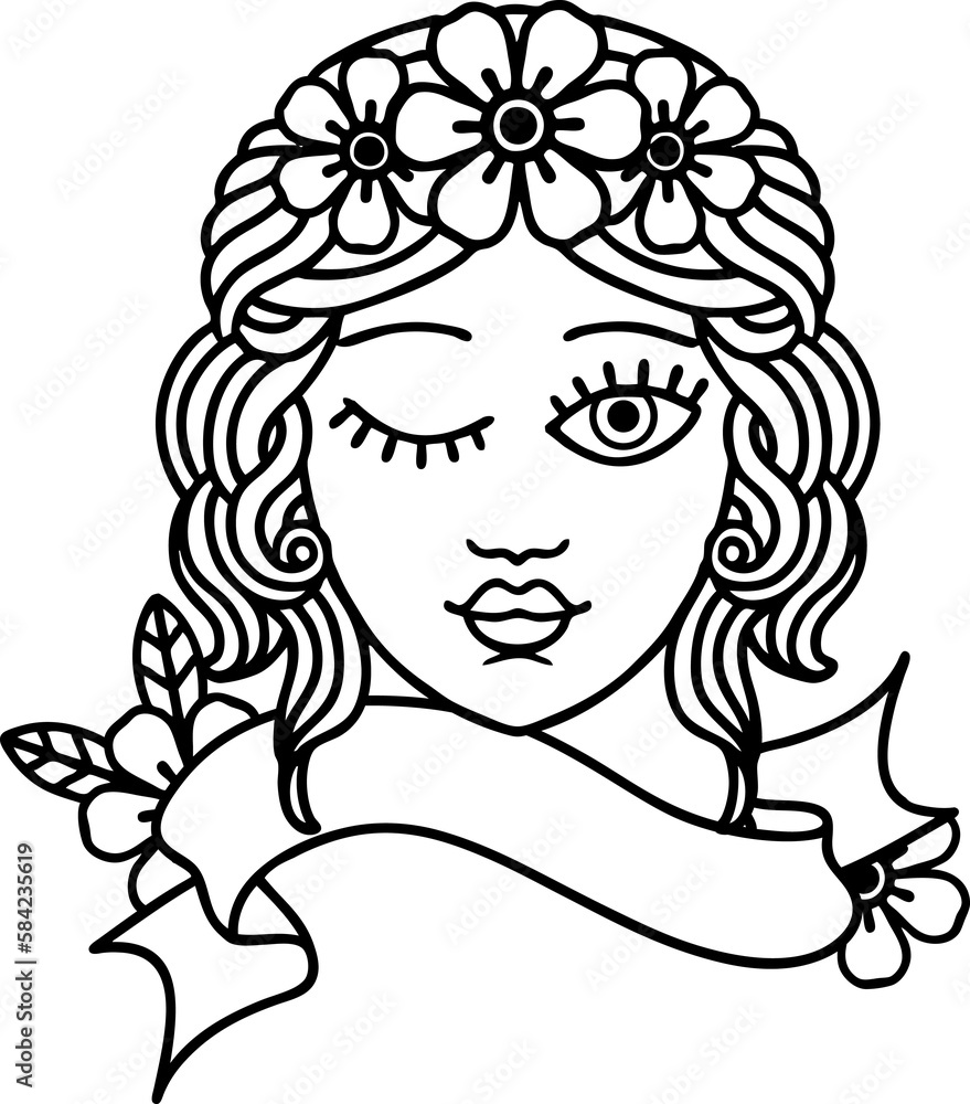black linework tattoo with banner of a maidens face winking black linework tattoo with banner of a maidens face winking