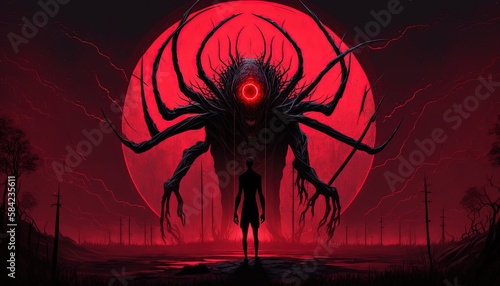 a man facing scary alien creature in red and black sci-fi fantasy tone color, Generative Ai photo