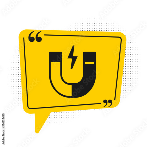 Black Magnet icon isolated on white background. Horseshoe magnet, magnetism, magnetize, attraction. Yellow speech bubble symbol. Vector