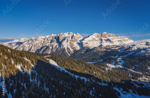 Ski resort Madonna di Campiglio. Italy. Aerial panoramic view in January 2023