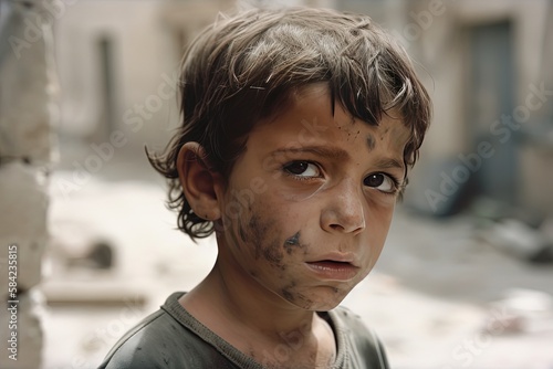 a sad boy standing in front of collapse buildings area, natural disaster or war victim, sorrow scenery idea for support children's right , especially Palestinian , Generative Ai photo