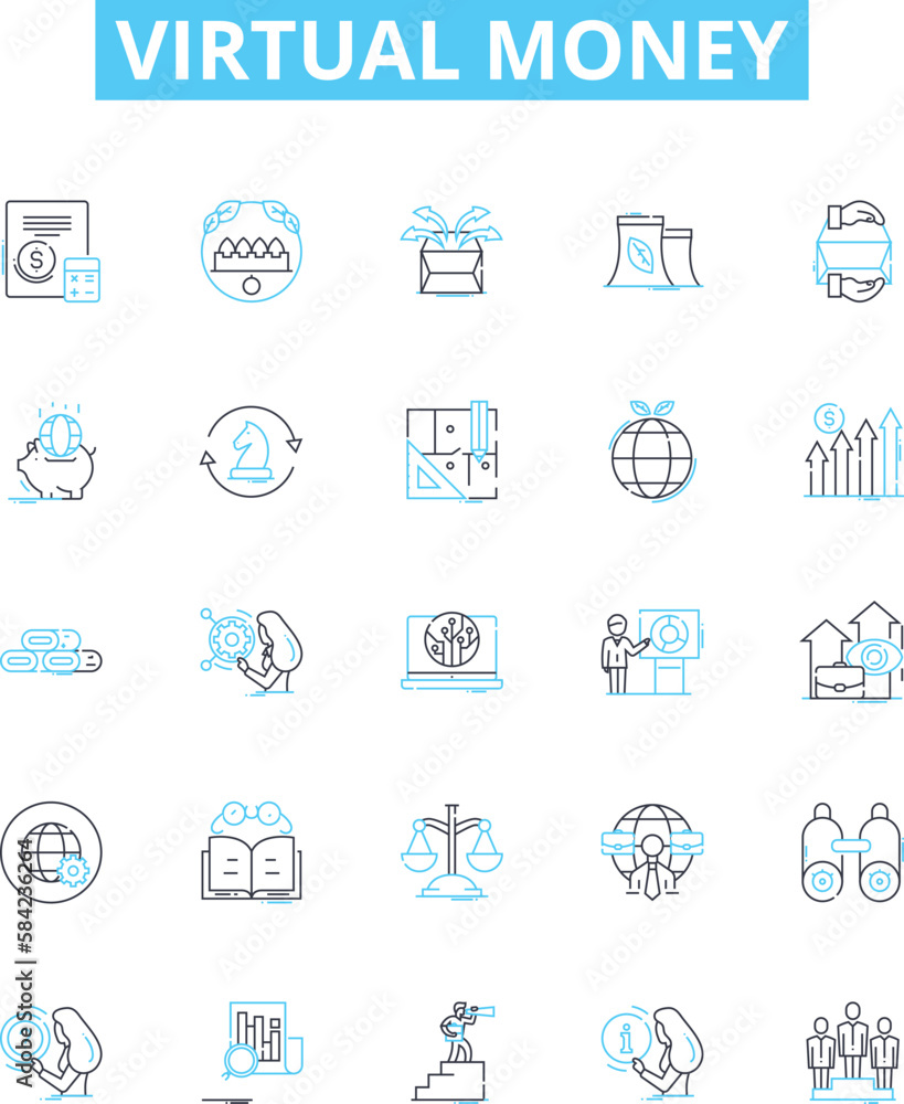 Virtual money vector line icons set. Cryptocurrency, E-money, Token, Crypto, Fiatcoin, Digitalcash, Paycoin illustration outline concept symbols and signs
