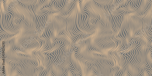 Op art illusion seamless pattern. Abstract copper metallic texture with brown wavy stripes. Moire bronze background with distorted lines. Dynamic strip ripples surface. Vector wallpaper
