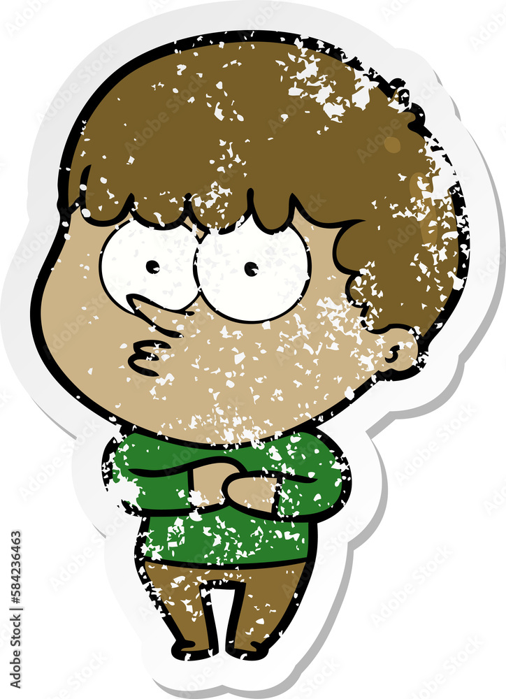 distressed sticker of a cartoon curious boy distressed sticker of a cartoon curious boy