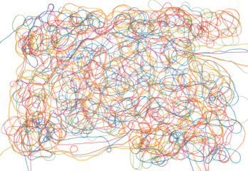 Tangled colorful cotton threads isolated on white background. Abstract thread lines chaos pattern.