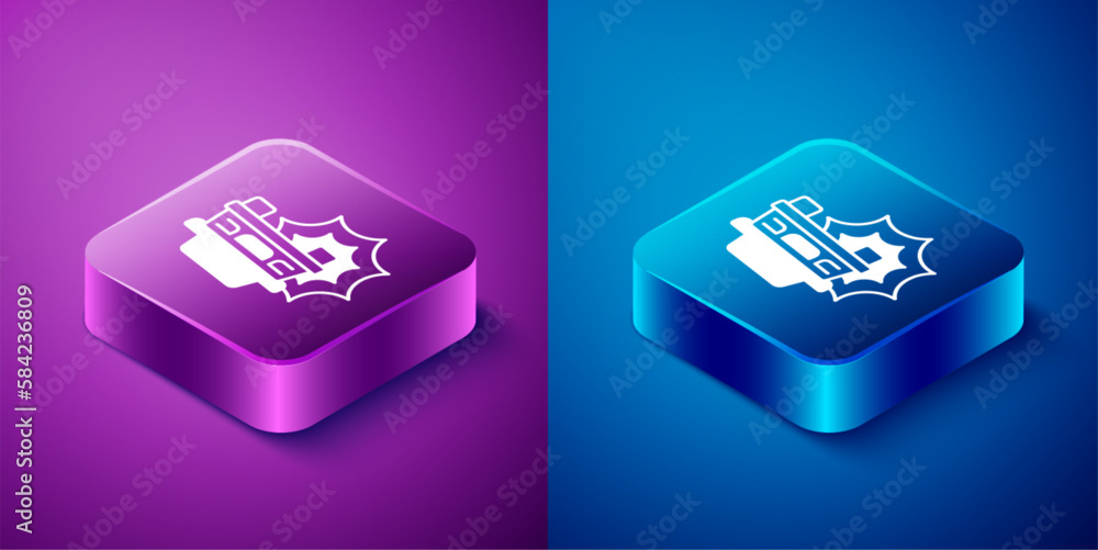 Isometric Car accident icon isolated on blue and purple background. Insurance concept. Security, safety, protection, protect concept. Square button. Vector Isometric Car accident icon isolated on blue and purple background. Insurance concept. Security, safety, protection, protect concept. Square button. Vector