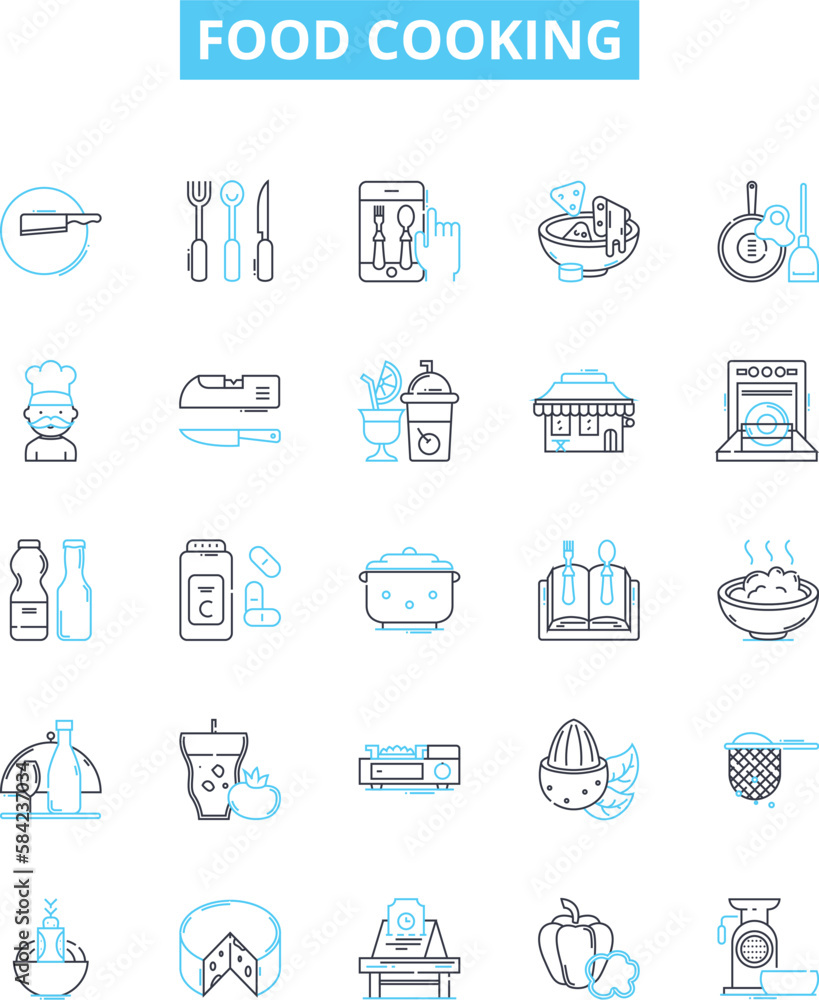 Food cooking vector line icons set. Baking, Roasting, Grilling, Boiling, Frying, Sauteing, Poaching illustration outline concept symbols and signs Food cooking vector line icons set. Baking, Roasting, Grilling, Boiling, Frying, Sauteing, Poaching illustration outline concept symbols and signs