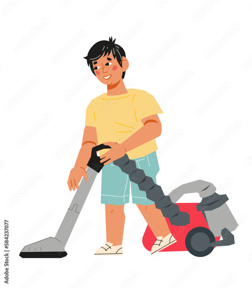 Boy child does the housework and vacuums the floor, flat cartoon vector illustration isolated on white background. Kids housework and household duties. Boy child does the housework and vacuums the floor, flat cartoon vector illustration isolated on white background. Kids housework and household duties.