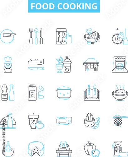 Food cooking vector line icons set. Baking, Roasting, Grilling, Boiling, Frying, Sauteing, Poaching illustration outline concept symbols and signs