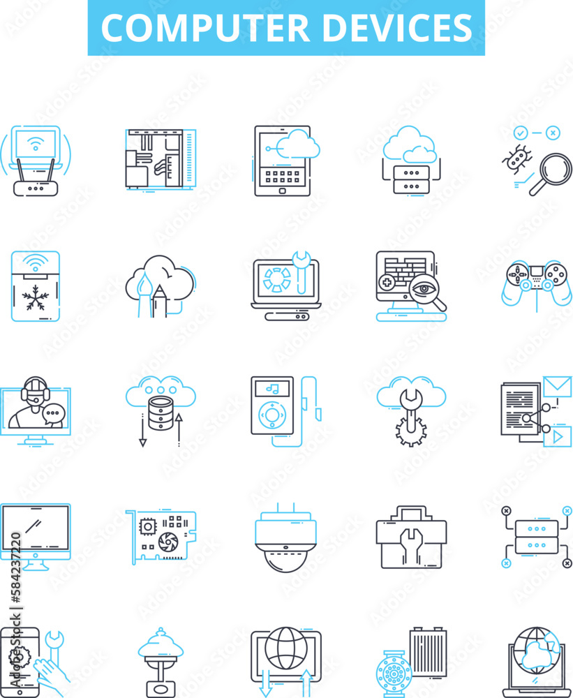 Computer devices vector line icons set. Laptop, Desktop, Monitor, Printer, Keyboard, Mouse, Scanner illustration outline concept symbols and signs