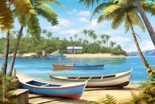 boats on the beach among the palm trees