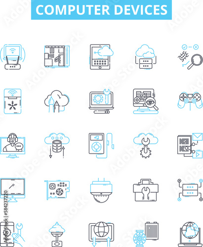 Computer devices vector line icons set. Laptop, Desktop, Monitor, Printer, Keyboard, Mouse, Scanner illustration outline concept symbols and signs