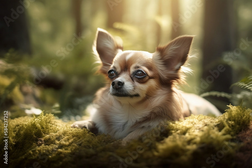 Small Chihuahua dog lying down in forest. Generative AI