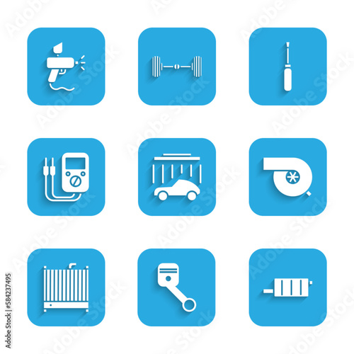 Set Car wash, Engine piston, muffler, Automotive turbocharger, radiator cooling system, Multimeter, Screwdriver and Paint spray gun icon. Vector