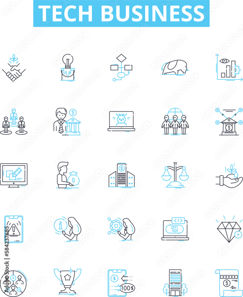 Tech business vector line icons set. Tech, Business, Software, Applications, Solutions, Cloud, Networking illustration outline concept symbols and signs