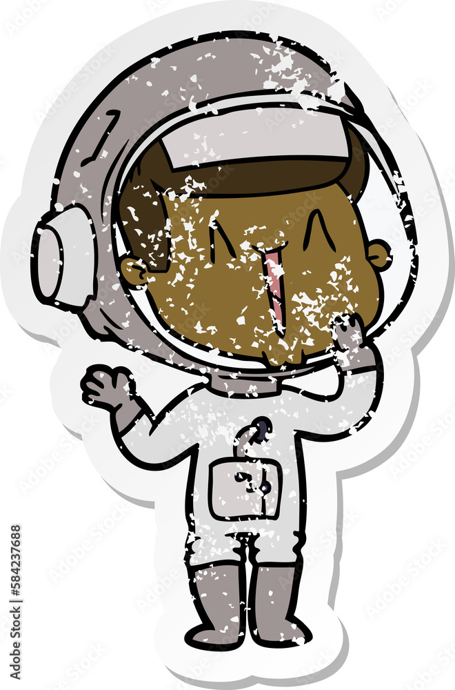 distressed sticker of a laughing cartoon astronaut