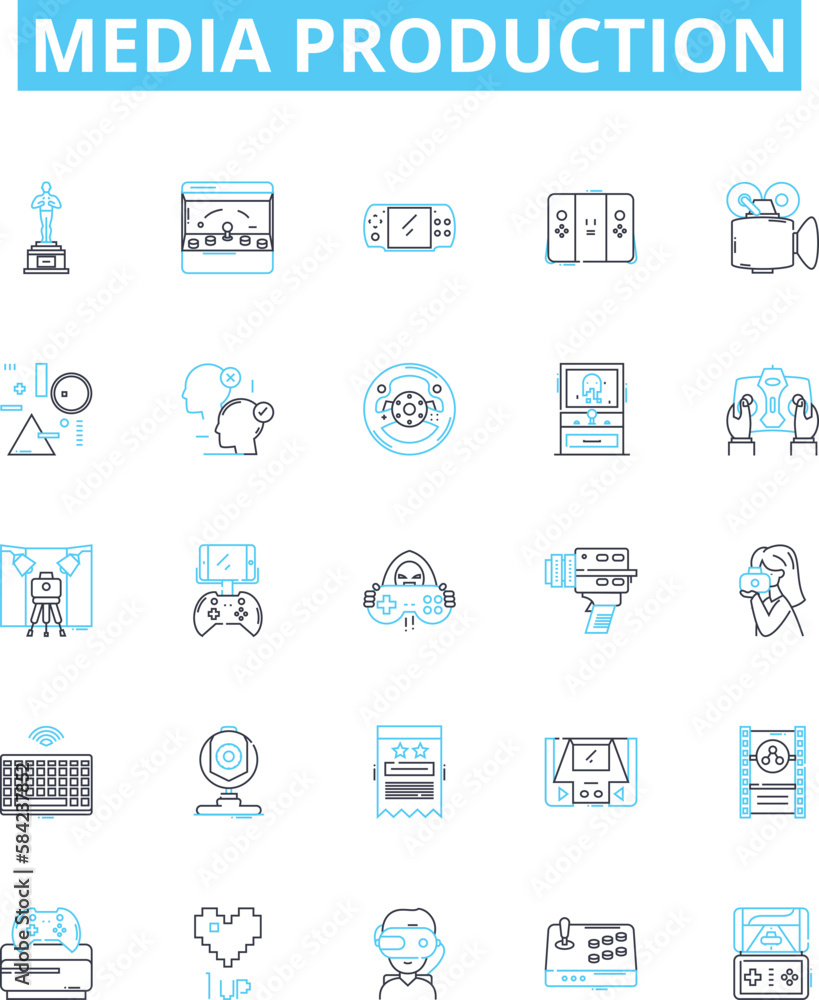 Media production vector line icons set. Filming, Animation, Editing, Post-Production, Photoshoots, Direction, Casting illustration outline concept symbols and signs