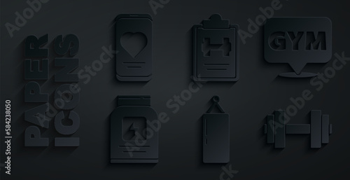 Set Punching bag, Location gym, Sports nutrition, Dumbbell, training program and Mobile with heart rate icon. Vector