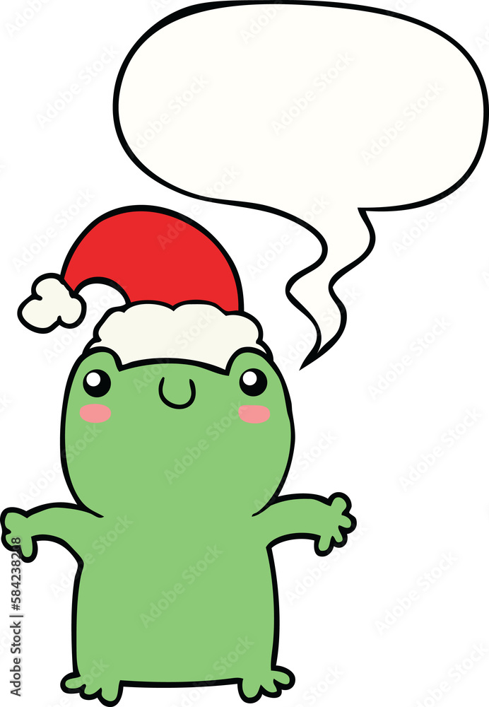 Obraz premium cute cartoon frog wearing christmas hat and speech bubble