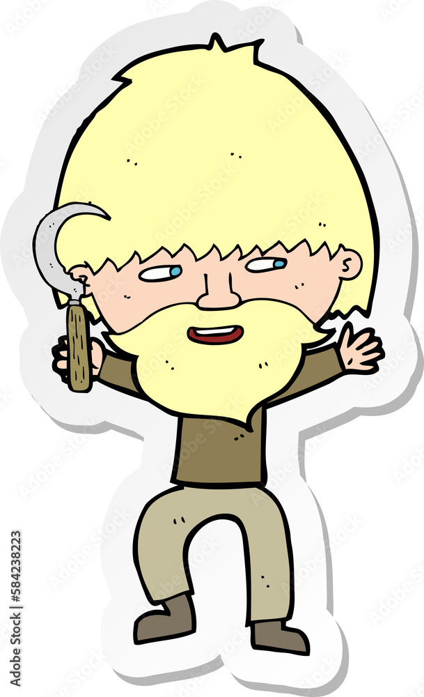sticker of a cartoon peasant with sycle