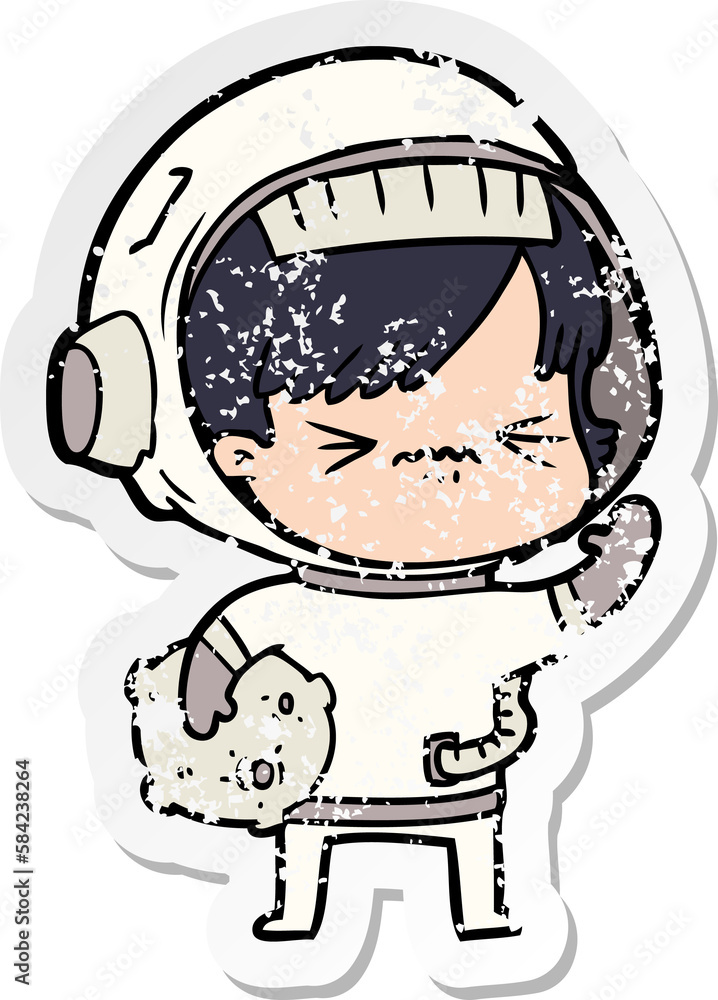 distressed sticker of a angry cartoon space girl distressed sticker of a angry cartoon space girl